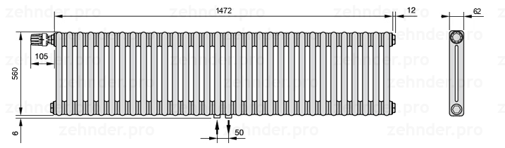 Схема (чертеж) Радиатор Zehnder Charleston 2056/32 №V007 Белый глянцевый RAL 9016